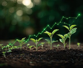 Growing plants with a rising green line graph, showing growth