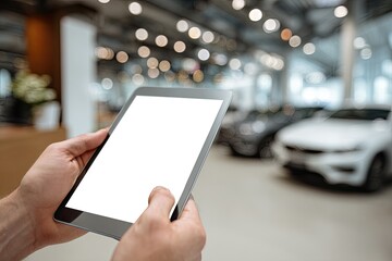 Hands hold a tablet computer with blank screen, in front of cars in a dealership