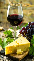 A delectable display of aged cheese, a glass of red wine, and fresh grapes, set on a rustic wooden surface, evokes a sense of elegant indulgence.