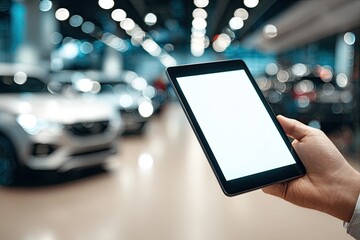 Hand holding a tablet with blank screen, blurred cars in background