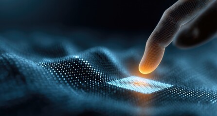 Fingertip interacts with glowing data grid