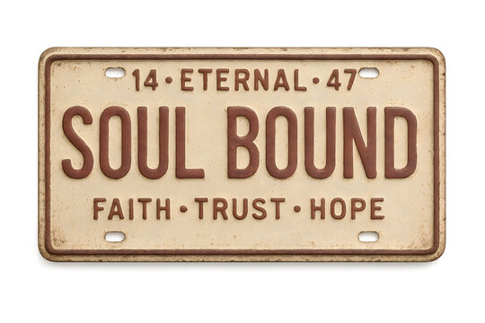 Vintage 'Soul Bound' license plate with Faith Trust Hope inspires spiritual journey and personal conviction