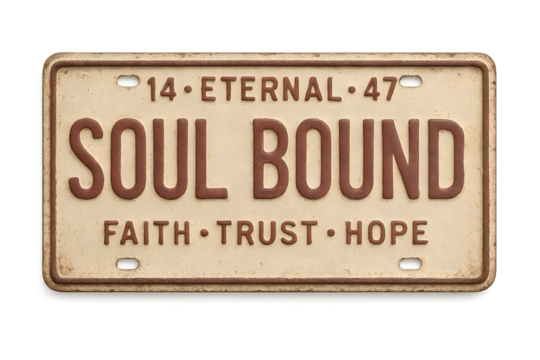 Vintage 'Soul Bound' license plate with Faith Trust Hope inspires spiritual journey and personal conviction