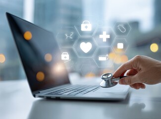 A hand holds a stethoscope over a laptop, medical icons overlay