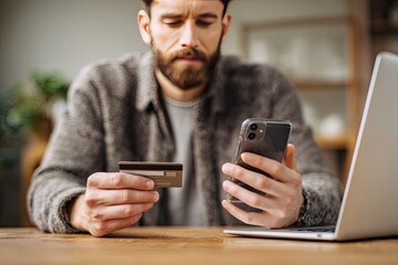 Man online shopping with credit card and phone