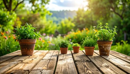 Fototapeta premium Blossoming flowers and potted plants decorate a spring garden with a wooden bench