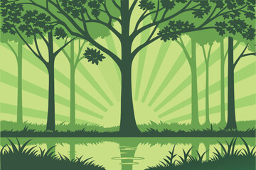 Green forest sunlight shines through the trees above the lake creating a tranquil scene