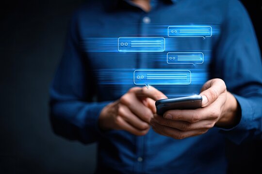 Person using smartphone with chat messages overlay