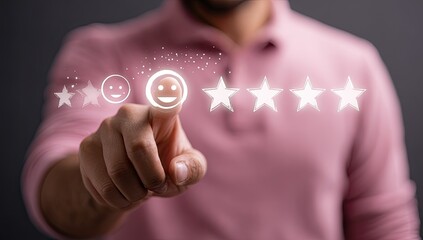 Close-up of a hand interacting with glowing review icons