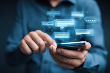 A person interacts with a smartphone, holographic chat messages appearing around it