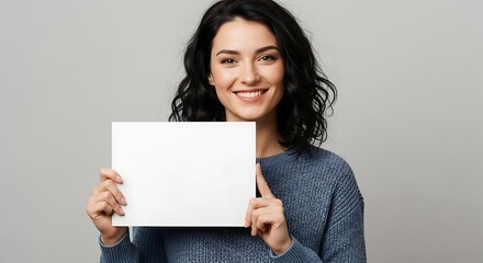 Naklejka premium Smiling Woman Holding Blank White Board.
