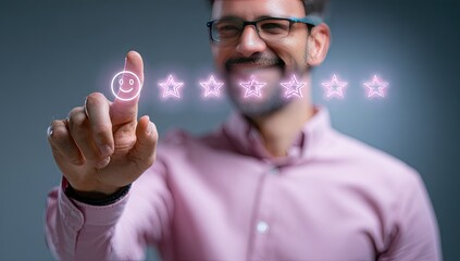 Man giving a positive review, touching glowing rating icons