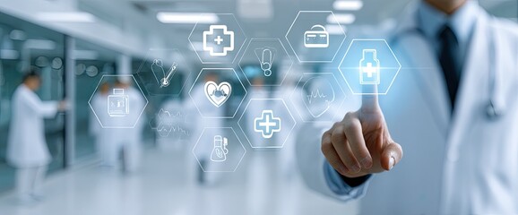 Medical professional interacting with digital healthcare interface in a hospital