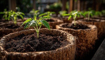Young tomato plants in brown pots