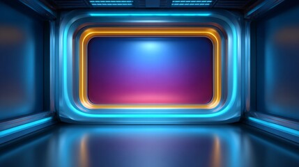 Cybernetic Interior: A futuristic, low-angle shot revealing an empty, metallic room with a glowing screen that evokes high-tech innovation and visual interest. 