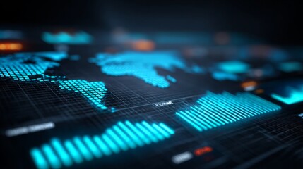 Global Data Visuals: A modern depiction of global data analysis, featuring an illuminated world map alongside intricate graphs, charts, and digital indicators, showcasing a technological future.