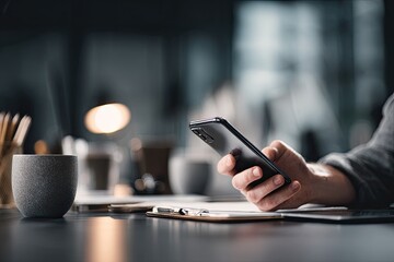 Close-up of hands holding a phone at a desk