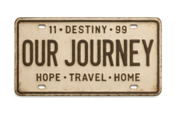 Relive cherished memories with a vintage "Our Journey" license plate, symbolizing hope, travel, and home.