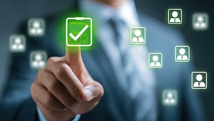 Businessperson touches a glowing green checkmark, surrounded by digital profile icons