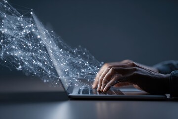 Hands typing on laptop, digital network emanating
