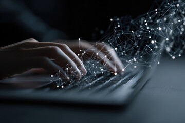 Close-up of hands typing on a laptop, with a network graphic overlay