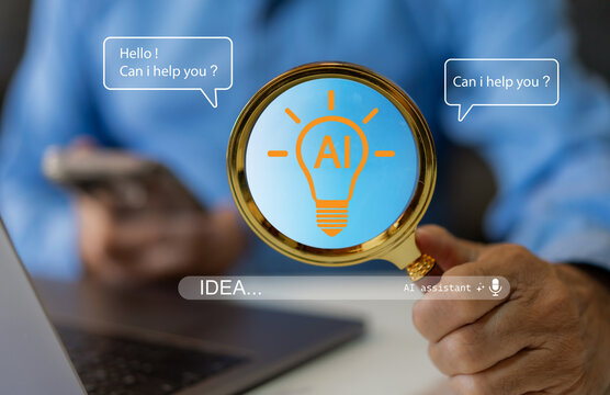 Ai assistant innovation in light bulb with smart idea concept, artificial intelligence and chatbot interaction generating creative idea, automation, machine learning support, idea for search engine