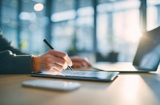 Close-up of person working on digital tablet and laptop