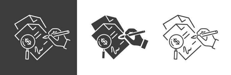 flat and linear set icons, document conformity defining, define correct text, business paper documents, contract or agreement, simple symbols on white and black background ,vector illustration