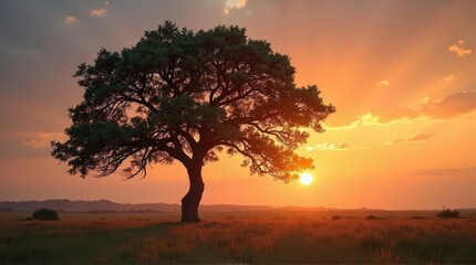 Fototapeta premium Lonely Large Tree Standing in Open Field During Sunset with Warm Colors and Dramatic Sky