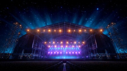 Illuminated Stage: Captivating stage under a starry night sky, filled with colorful lights, creating a dynamic display. The scene sets the stage for a spectacular performance.