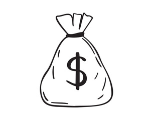 Premium money bag with dollars doodle hand drawn icon. Outline drawing money bag with dollars line clipart symbol