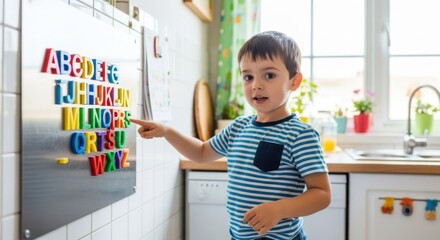 A young boy in a striped shirt pointing to a refrigerator with colorful alphabet magnets.