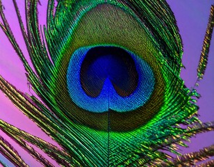 A close-up view of a peacock feather, showcasing its vibrant and intricate patterns of blues, greens, and golds against a soft, muted pink backdrop.