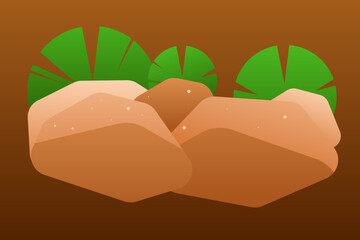 Minimal flat illustration of rounded rocks with green shrubs on earthy hills, perfect as a calm natural background or banner.