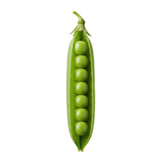 A single vibrant green pea pod split open, revealing 6-8 plump, glossy peas, macro shot on a transparent seamless background, top-down, shadowless. Concept of natural food perfection