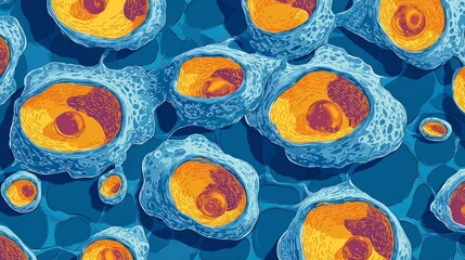 Seamless repeating pattern of animal cells in scientific illustration featuring microscopic biology texture, educational medical background design, and abstract cellular structure wallpaper for resear
