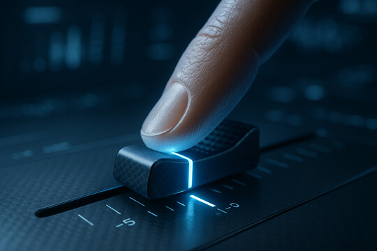 Macro shot of a finger pushing a fader on a professional sound board.
