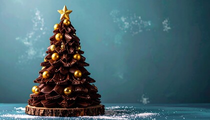 An artistic, dark chocolate Christmas tree, decorated with golden ornaments, stands on a rustic wooden base against a teal background.