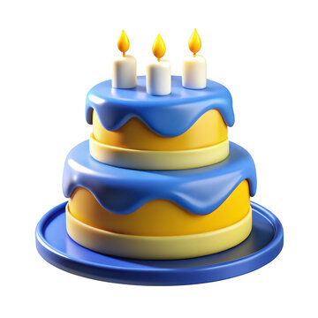 3d birthday cake with blue frosting and candles isolated on white background