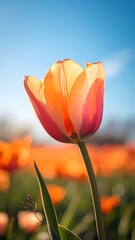 A vibrant, orange-pink tulip stands out against a backdrop of other tulips in a sunny field, bathed in soft sunlight and showcasing delicate details of its petals.