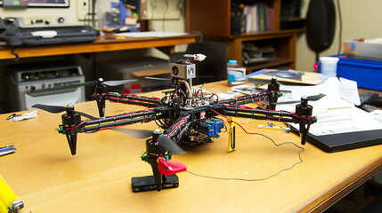 Custom-built hexacopter drone on a workbench with tools and components