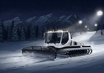 White snow groomer operating on a ski slope at night in a mountainous setting. Professional ski resort equipment at work under the glow of mountain lights. Alpine mountain resort -