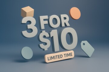 Promotional banner featuring 3 FOR $10 limited time offer, modern minimalist style, effective retail discount promotion.