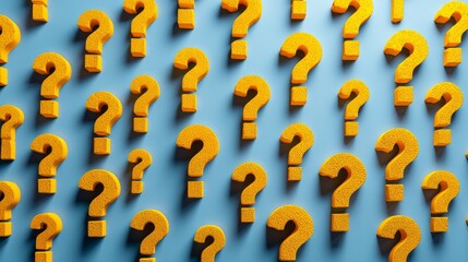 Rows of yellow question marks on blue background in abstract pattern, conceptual symbolic illustration representing curiosity, confusion, inquiry, problem solving, and creative thinking design