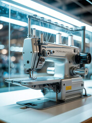 Fototapeta premium Industrial sewing machine in a brightly lit workshop ready for textile manufacturing and garment production