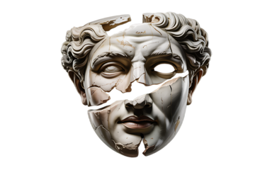 Ancient broken marble sculpture of a heroic man's face on transparent background