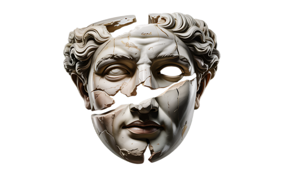 Ancient broken marble sculpture of a heroic man's face on transparent background