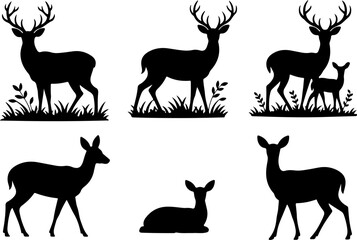 Fototapeta premium Wildlife Forest Animal Vector Bundle | Deer, Bear, Trees, Mountains & Nature Silhouettes