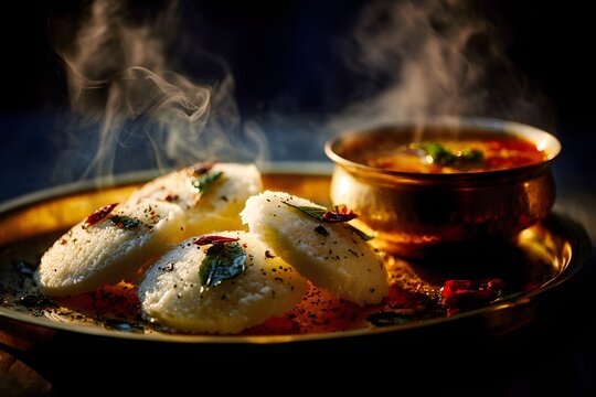 Close-up of steaming idli served with hot sambar in brass bowl.