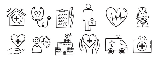 Medical kit, hospital, clinic doodle hand drawn icon set. Outline drawing stethoscope, report, healthcare, doctor, patient, line clipart symbol